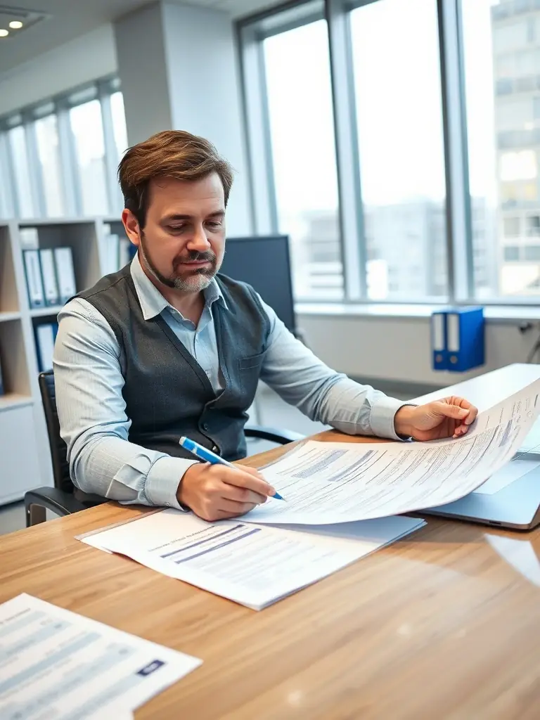 A tax professional reviewing tax documents and forms, ensuring compliance and accuracy.