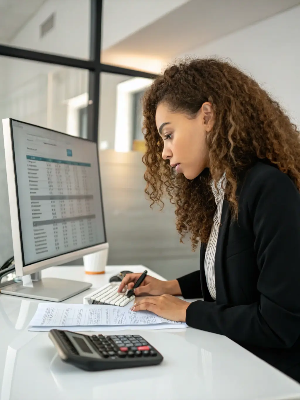 A payroll specialist processing employee paychecks and managing payroll records on a computer.