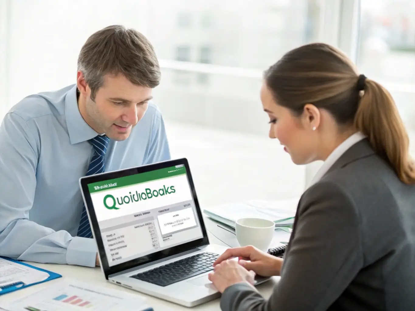 A professional office setting with a focus on a detailed financial report being reviewed by a business owner and a Cardello Bookkeeping Services bookkeeper, emphasizing accuracy and insight.
